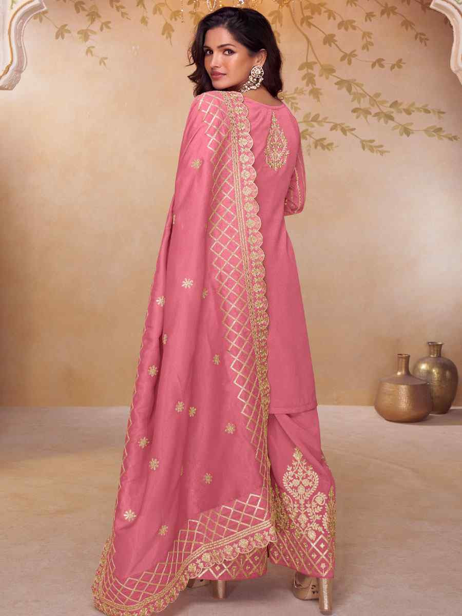 Pink Simar Silk Embroidery Party Wedding Festival Casual Ready Palazzo Pant Salwar Kameez