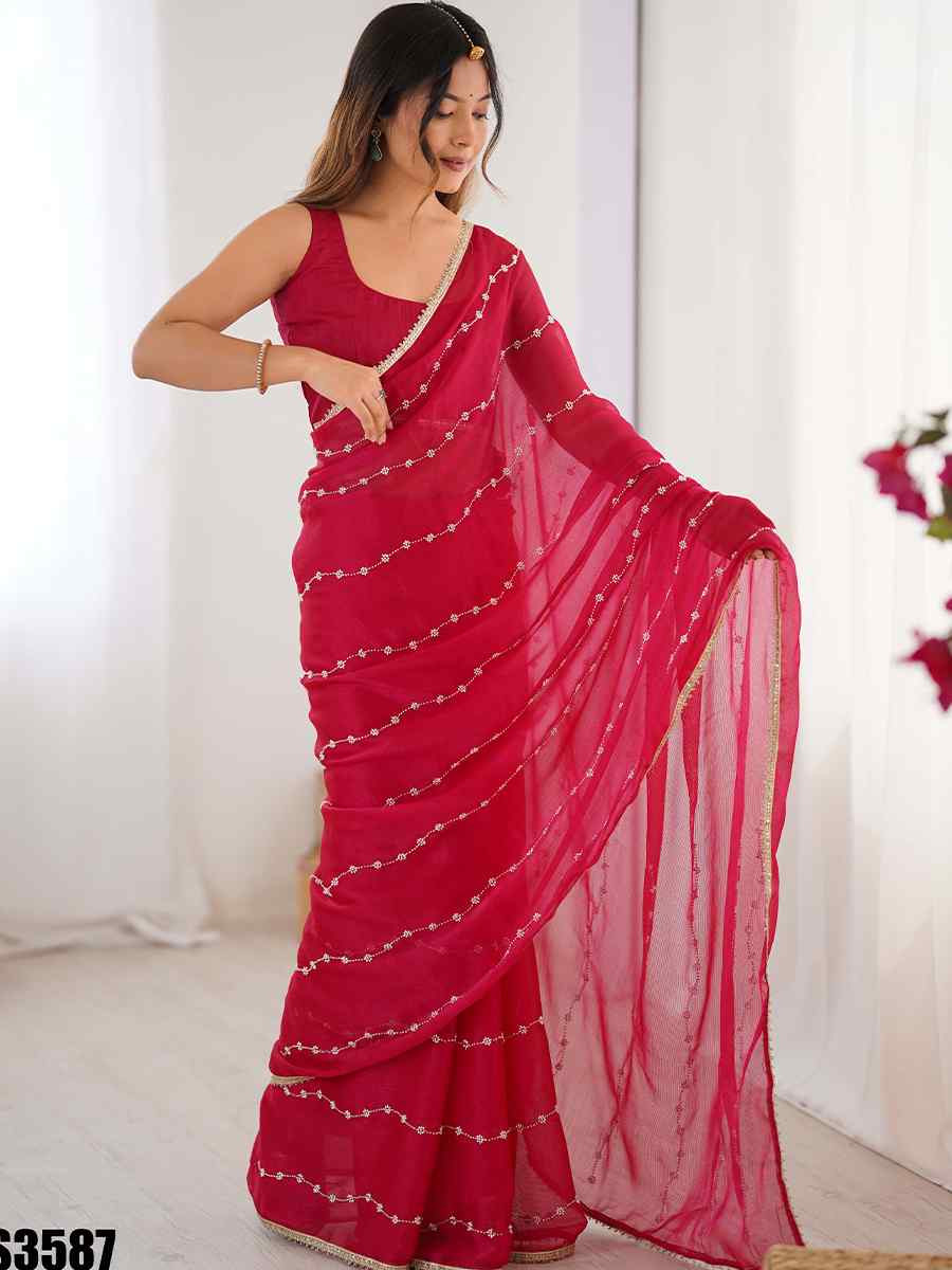 Pink Sitara Chiffon Embroidered Festival Wedding Fancy Heavy Border Saree