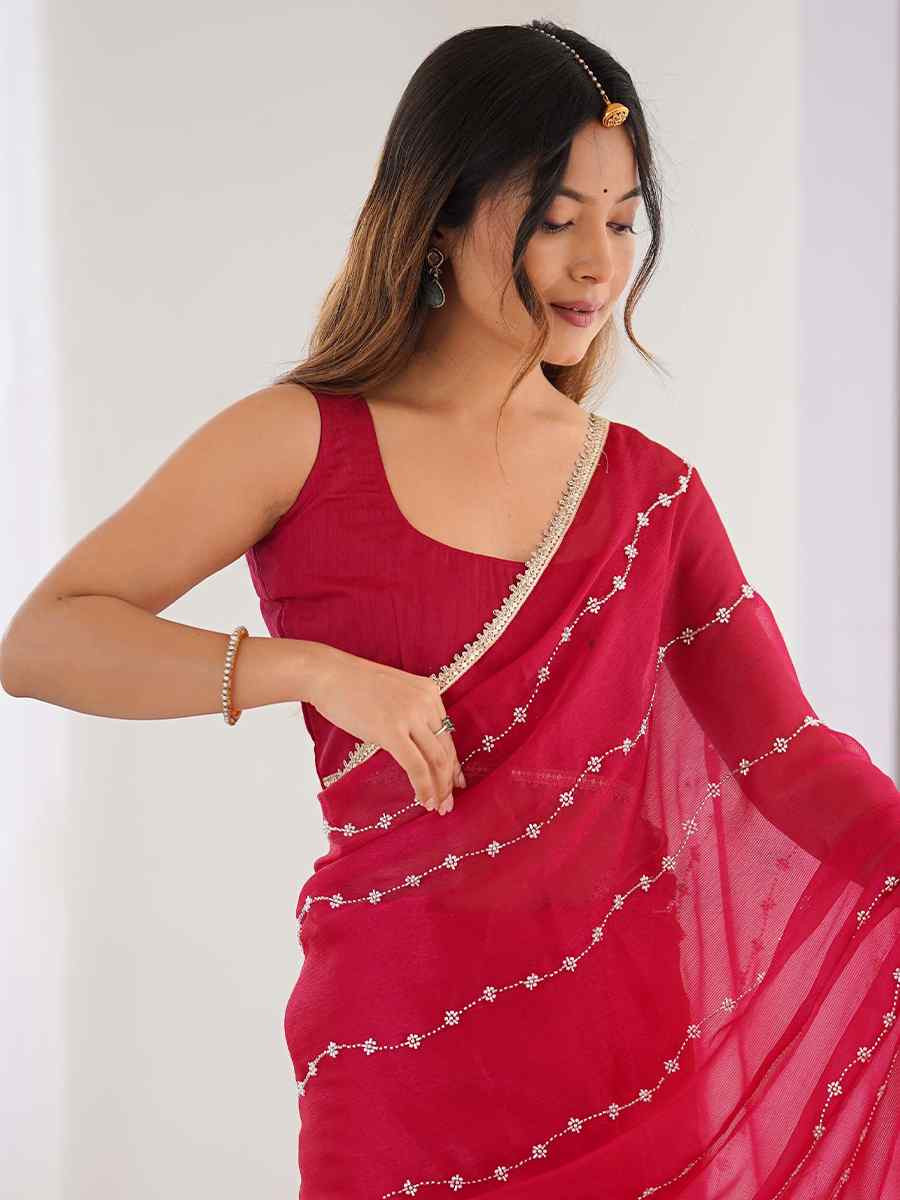 Pink Sitara Chiffon Embroidered Festival Wedding Fancy Heavy Border Saree