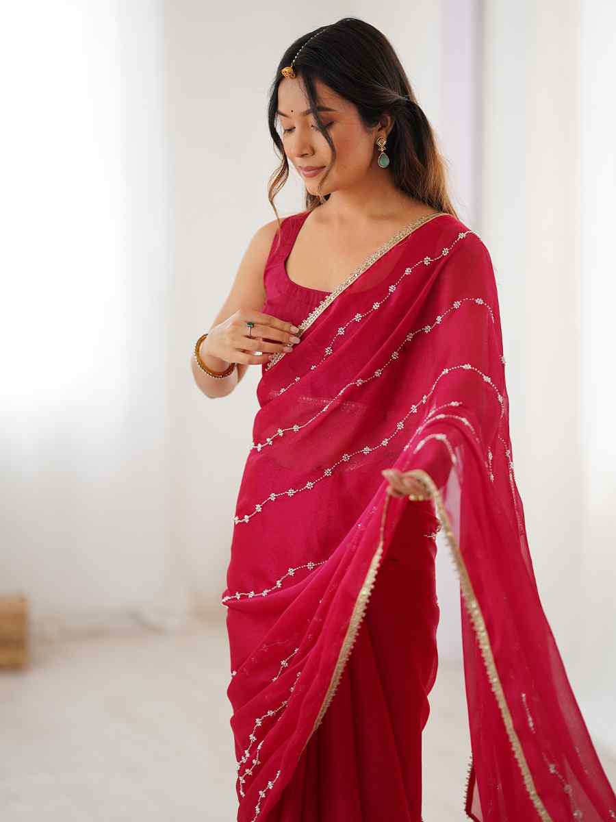 Pink Sitara Chiffon Embroidered Festival Wedding Fancy Heavy Border Saree