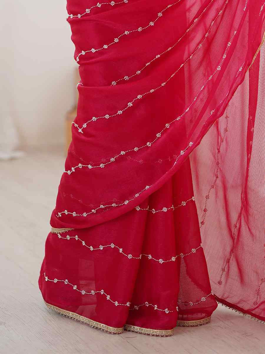 Pink Sitara Chiffon Embroidered Festival Wedding Fancy Heavy Border Saree