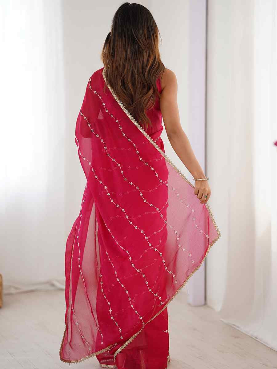 Pink Sitara Chiffon Embroidered Festival Wedding Fancy Heavy Border Saree