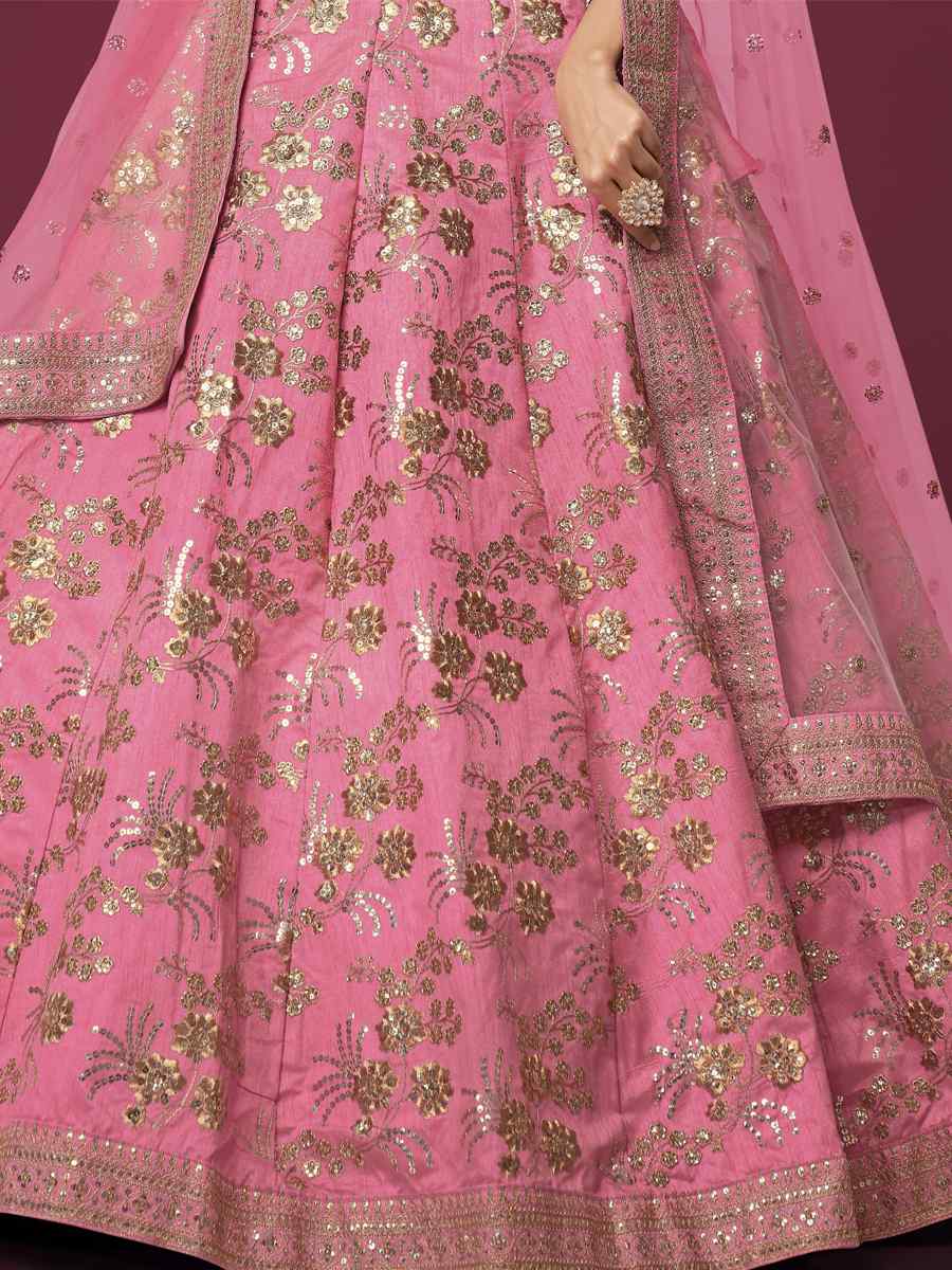 Pink Slub Silk Embroidered Engagement Wedding Heavy Border Lehenga Choli