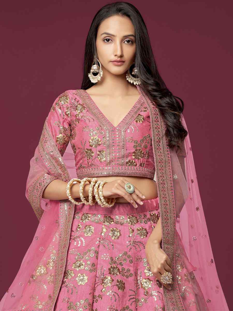 Pink Slub Silk Embroidered Engagement Wedding Heavy Border Lehenga Choli