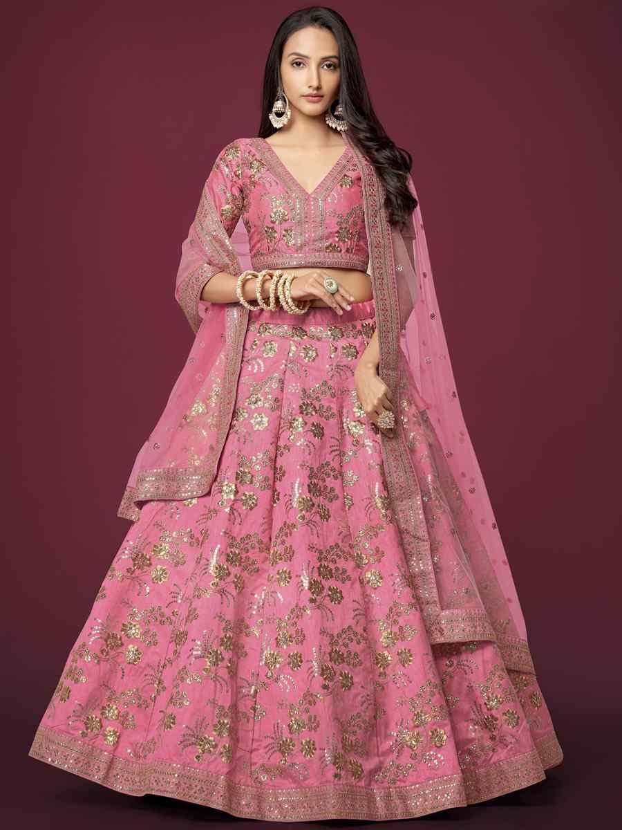 Pink Slub Silk Embroidered Engagement Wedding Heavy Border Lehenga Choli