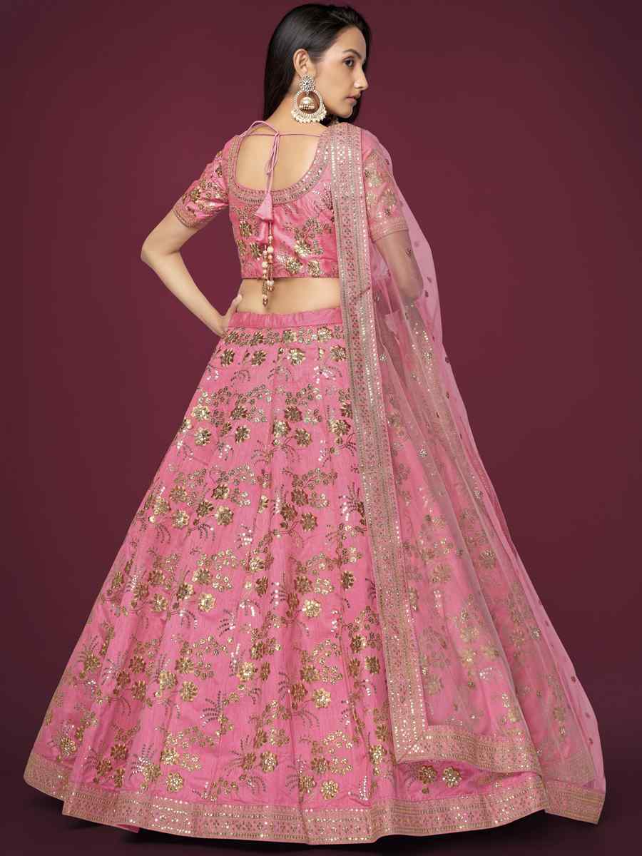 Pink Slub Silk Embroidered Engagement Wedding Heavy Border Lehenga Choli