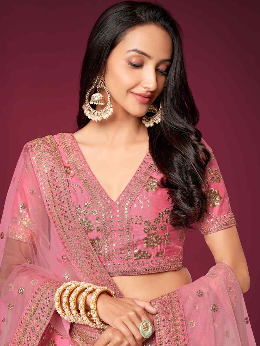 Pink Slub Silk Embroidered Engagement Wedding Heavy Border Lehenga Choli