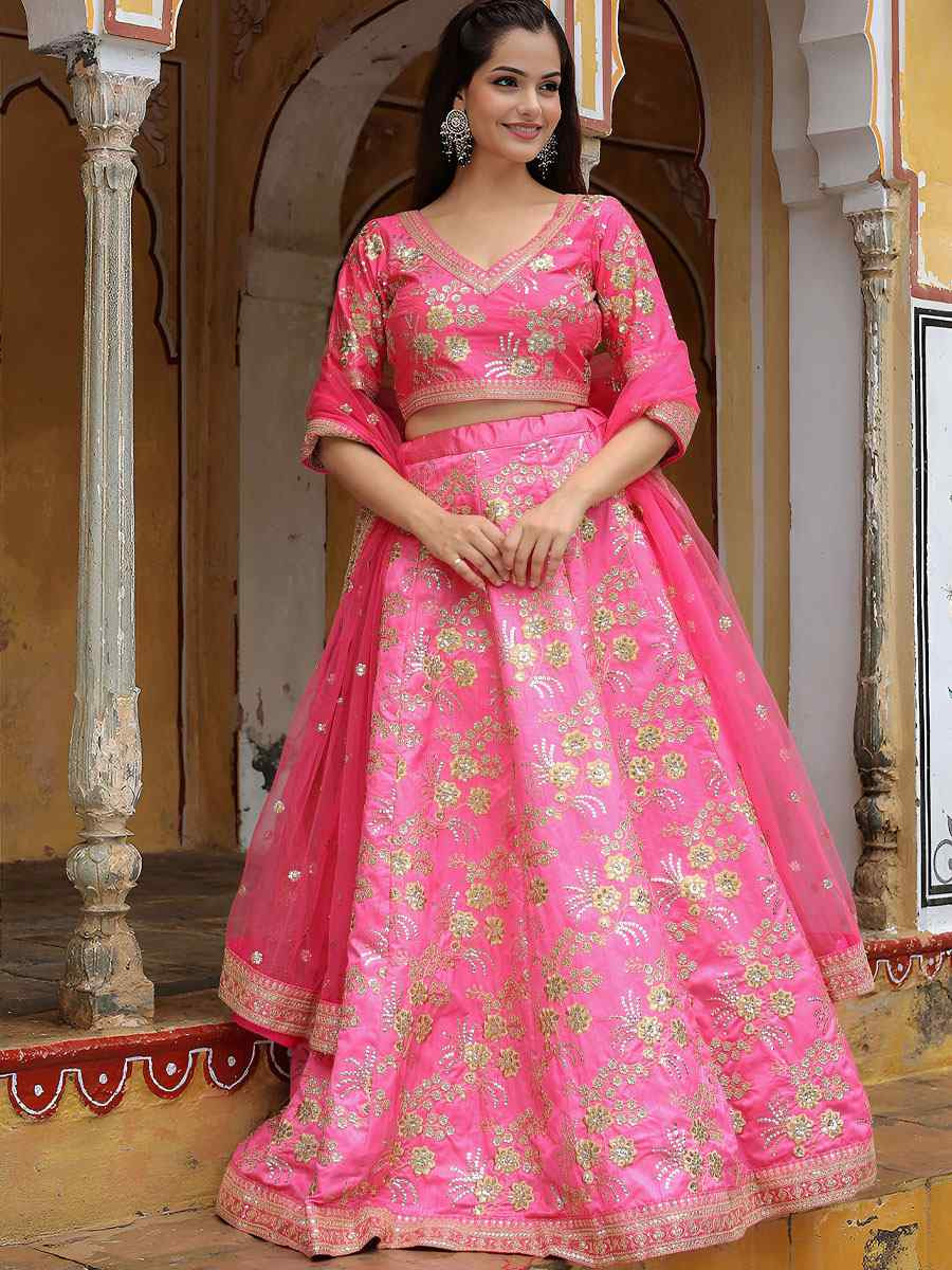 Pink Slub Silk Embroidered Festival Wedding Party Reception Heavy Border Lehenga Choli