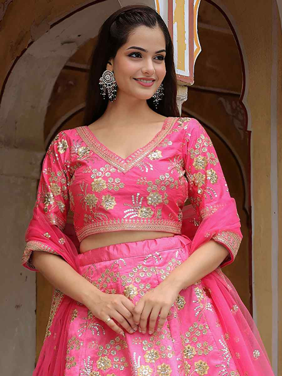 Pink Slub Silk Embroidered Festival Wedding Party Reception Heavy Border Lehenga Choli