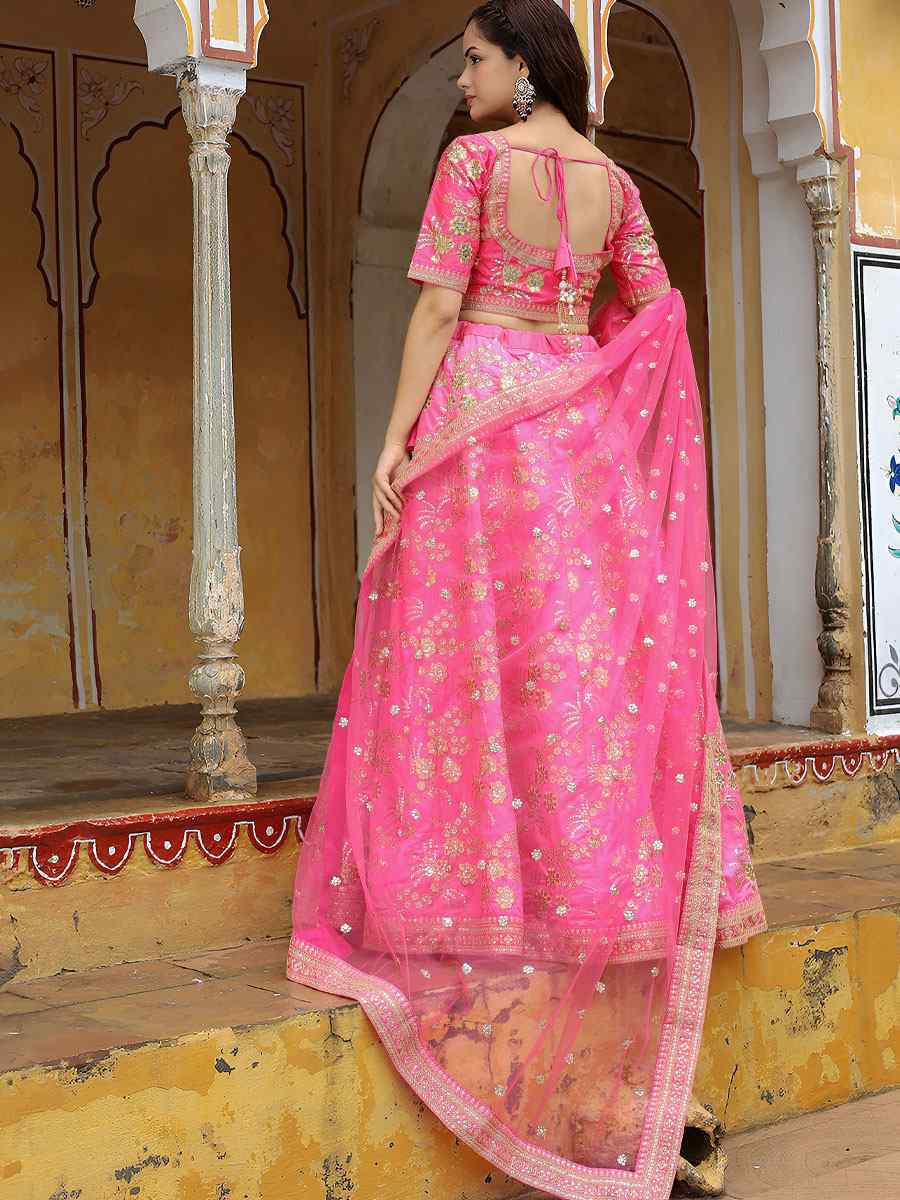 Pink Slub Silk Embroidered Festival Wedding Party Reception Heavy Border Lehenga Choli