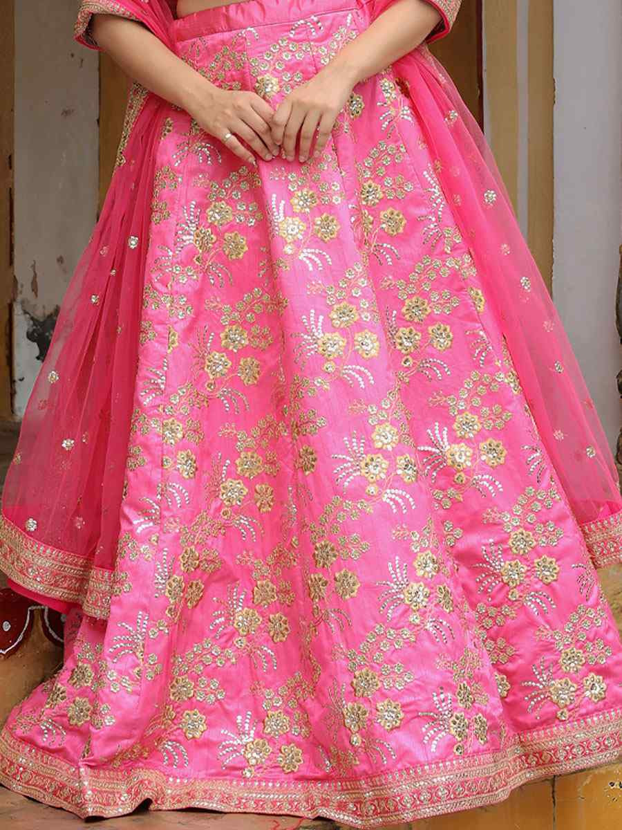 Pink Slub Silk Embroidered Festival Wedding Party Reception Heavy Border Lehenga Choli