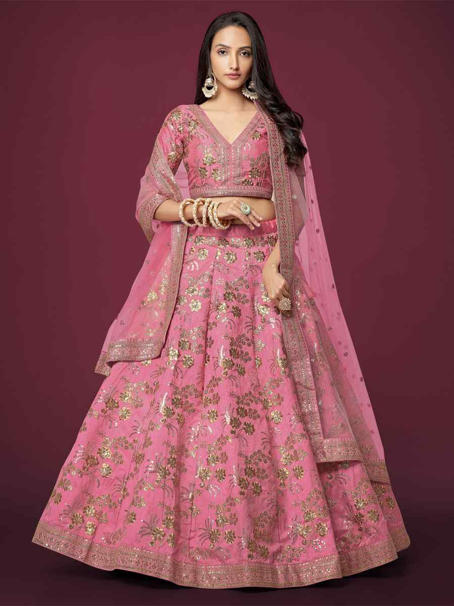 Pink Slub Silk Embroidered Wedding Reception Festival Heavy Border Lehenga Choli