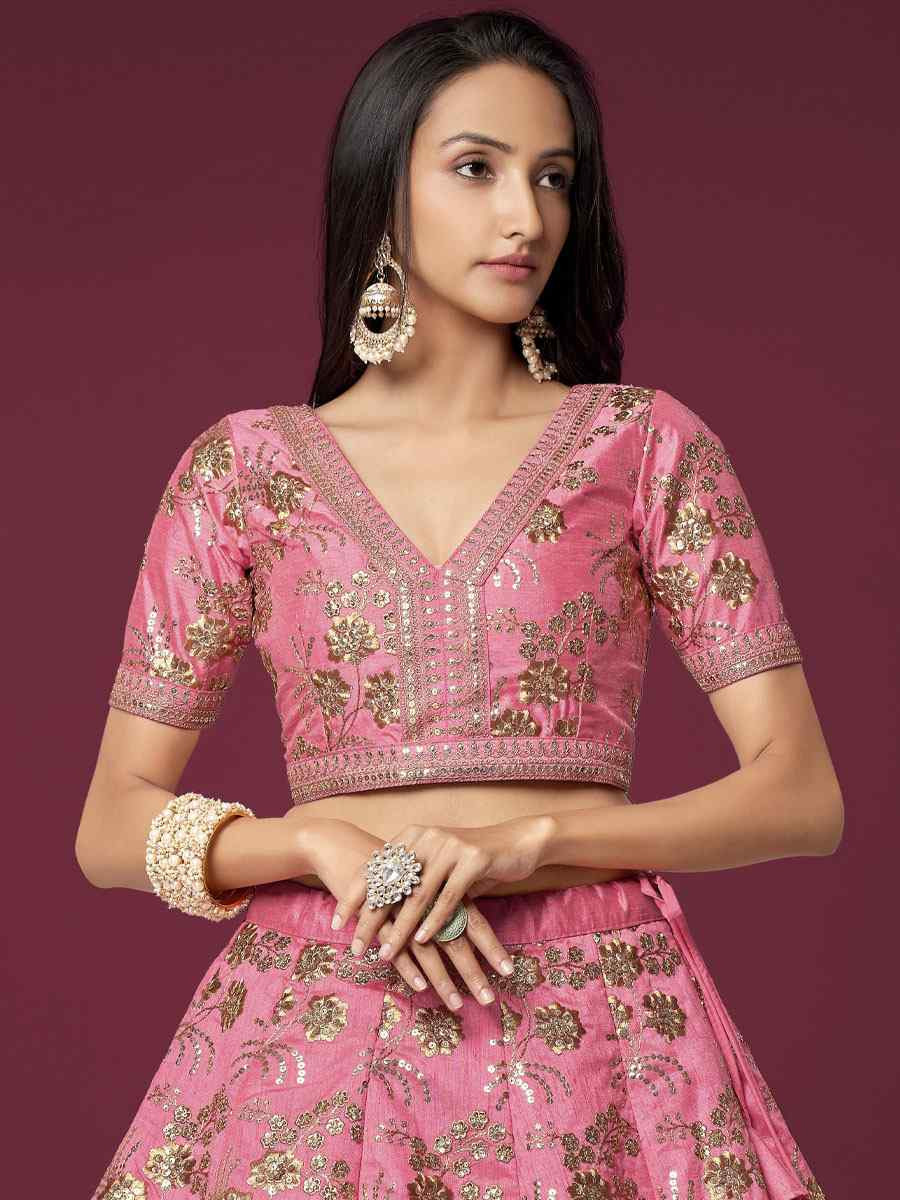 Pink Slub Silk Embroidered Wedding Reception Festival Heavy Border Lehenga Choli