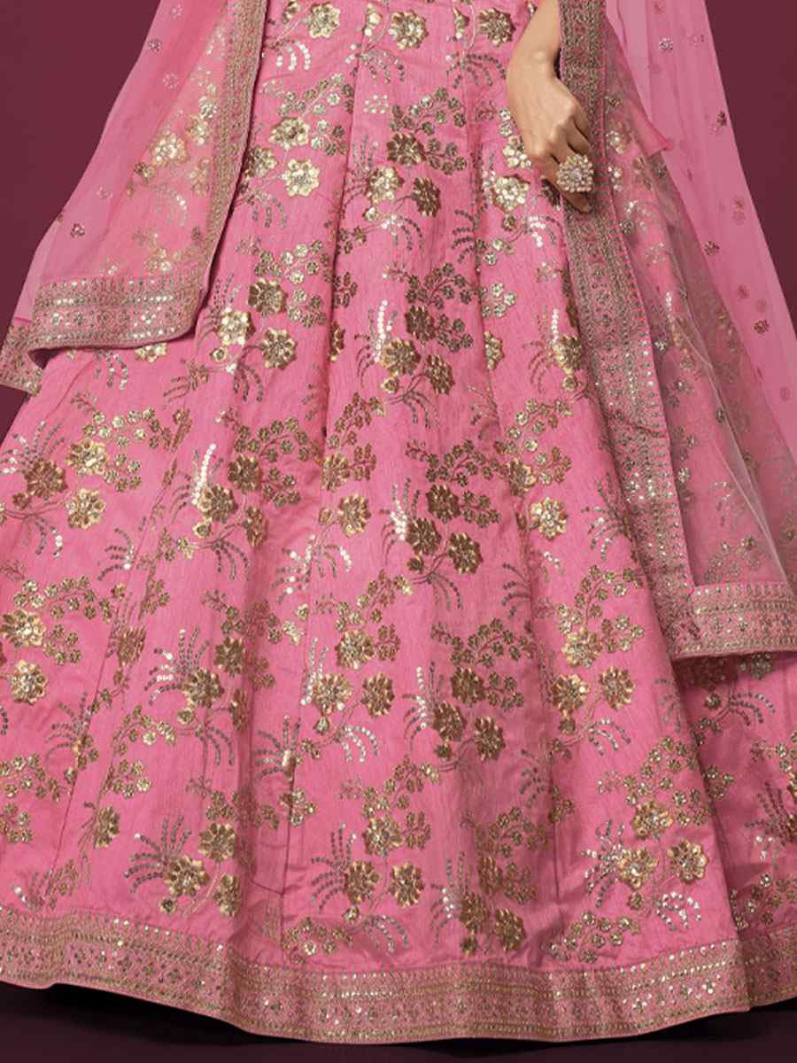 Pink Slub Silk Embroidered Wedding Reception Festival Heavy Border Lehenga Choli