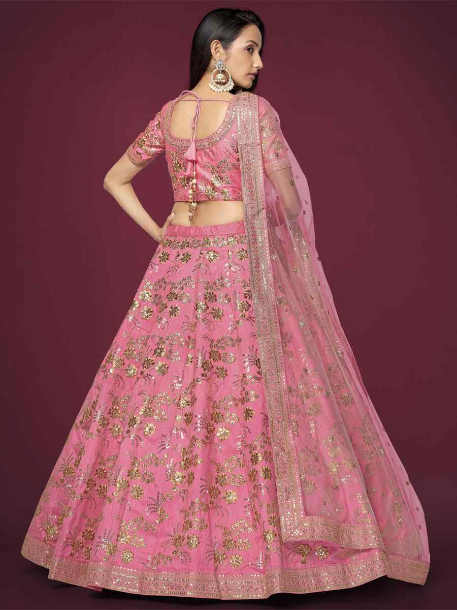 Pink Slub Silk Embroidered Wedding Reception Festival Heavy Border Lehenga Choli
