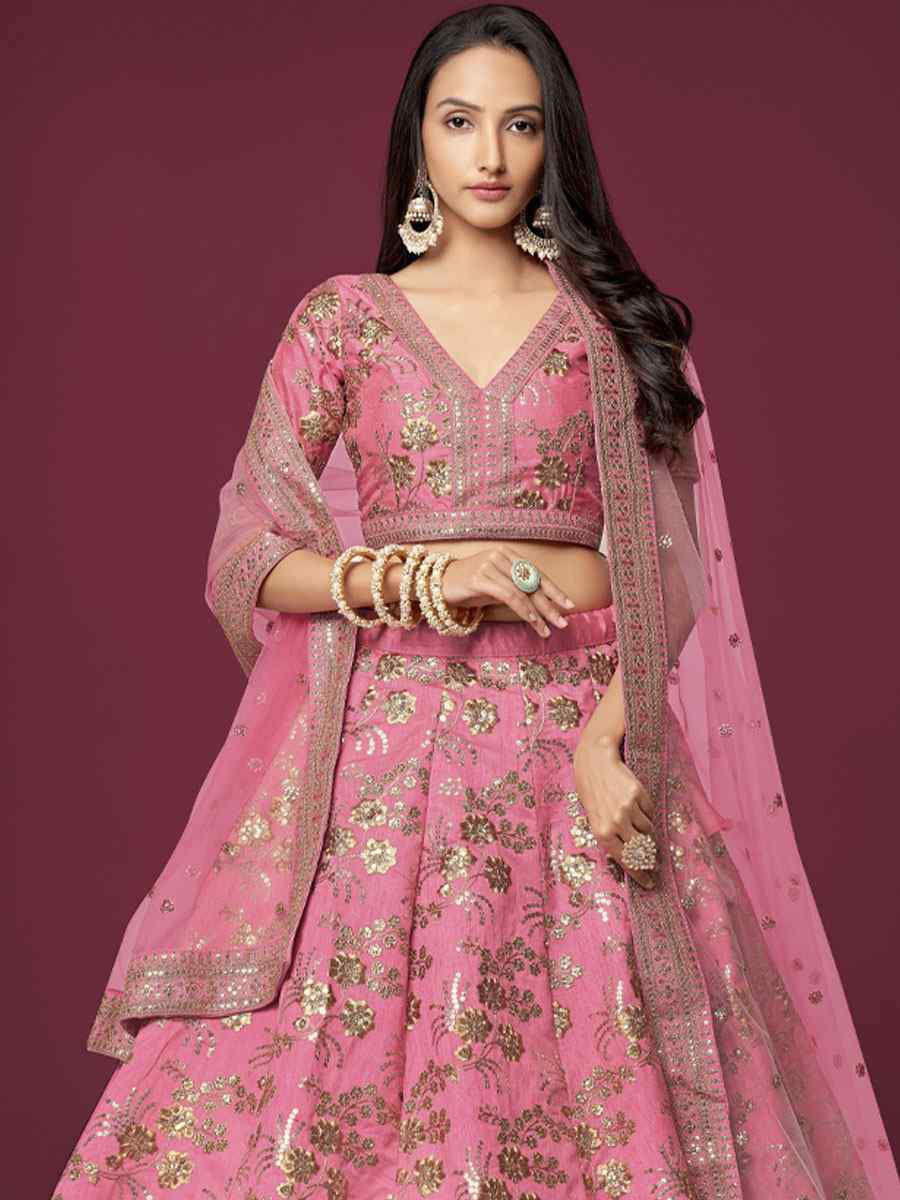 Pink Slub Silk Embroidered Wedding Reception Festival Heavy Border Lehenga Choli