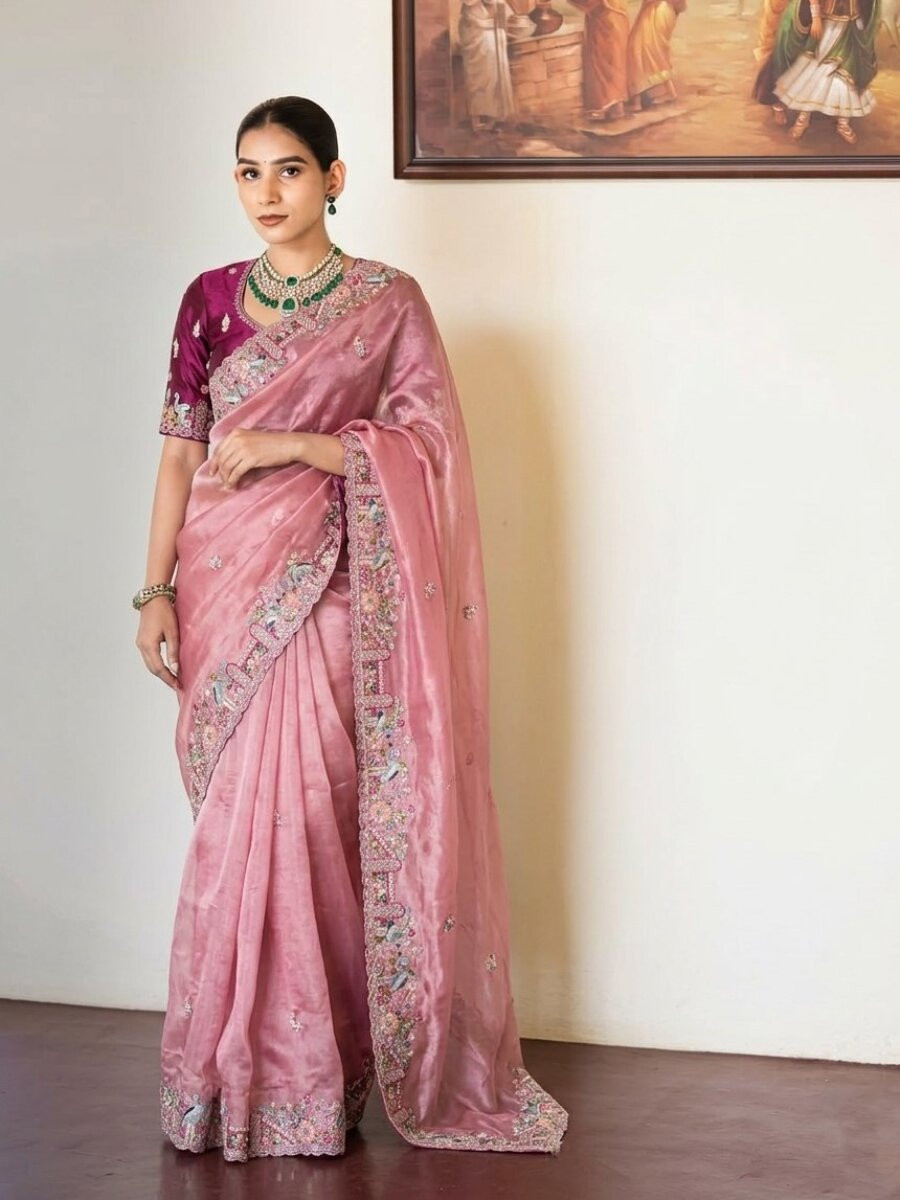 Pink Slub Silk Embroidery With Cutwork Work Wedding Party Festival Casual Heavy Border Sarees