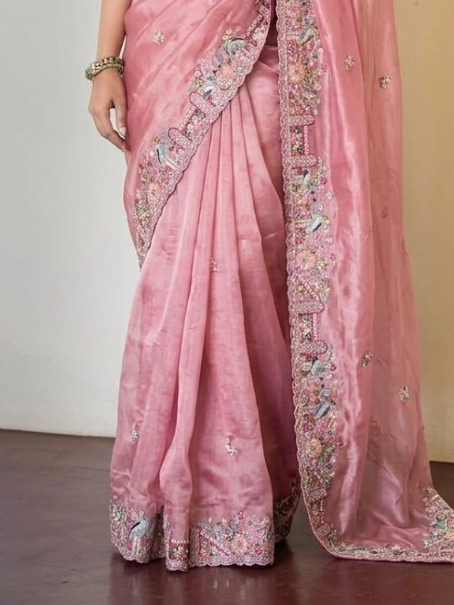 Pink Slub Silk Embroidery With Cutwork Work Wedding Party Festival Casual Heavy Border Sarees