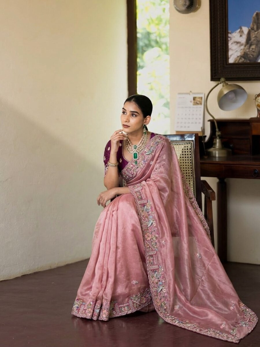 Pink Slub Silk Embroidery With Cutwork Work Wedding Party Festival Casual Heavy Border Sarees