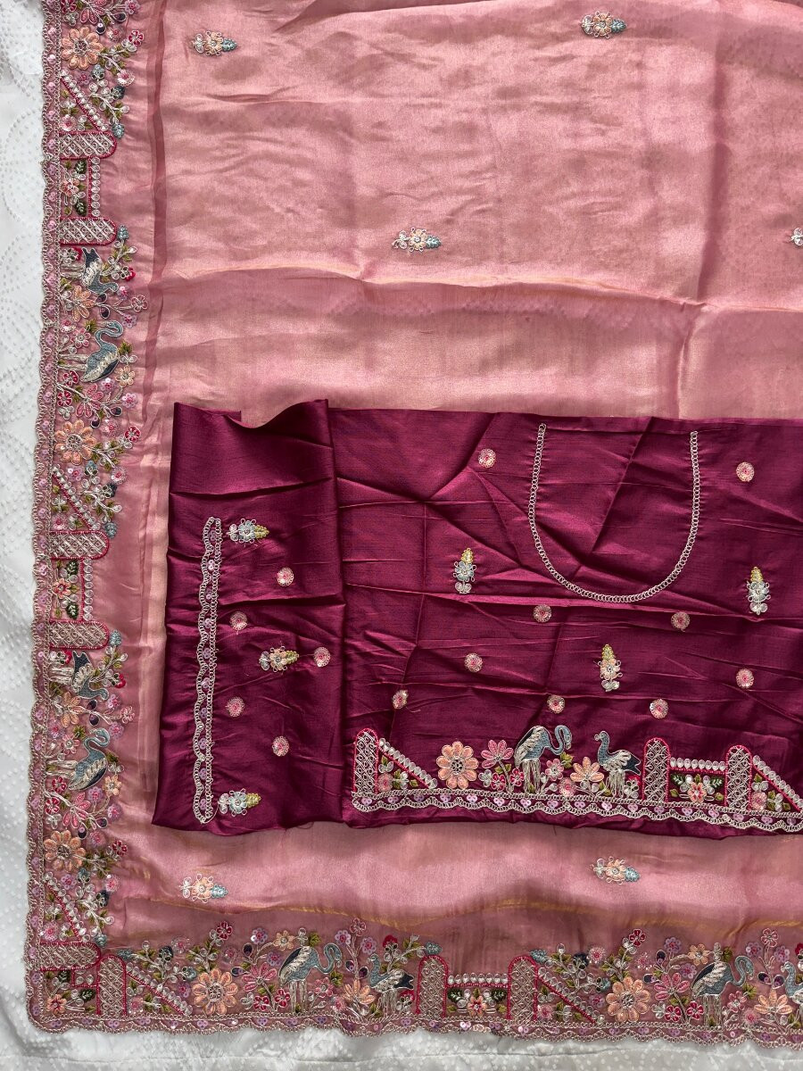 Pink Slub Silk Embroidery With Cutwork Work Wedding Party Festival Casual Heavy Border Sarees