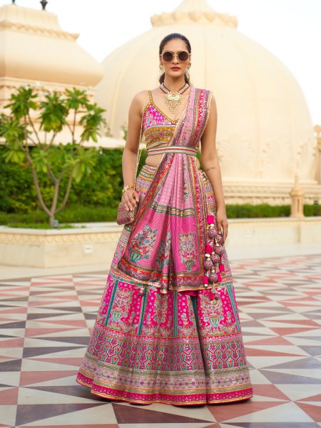 Pink Smooth Rajvadi Silk Embroidered Bridal Wedding Heavy Border Lehenga Choli