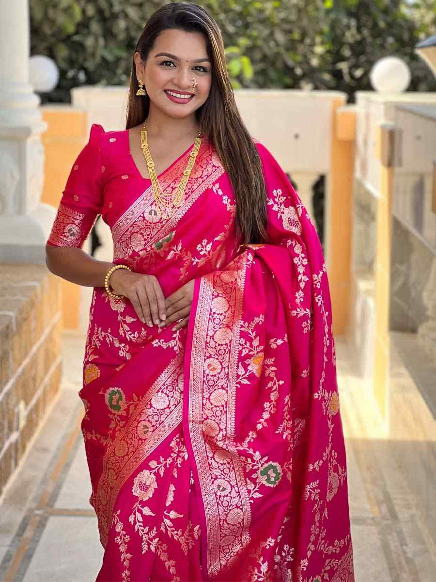 Pink Soft Banarashi Silk Handwoven Festival Wedding Fancy Heavy Border Saree