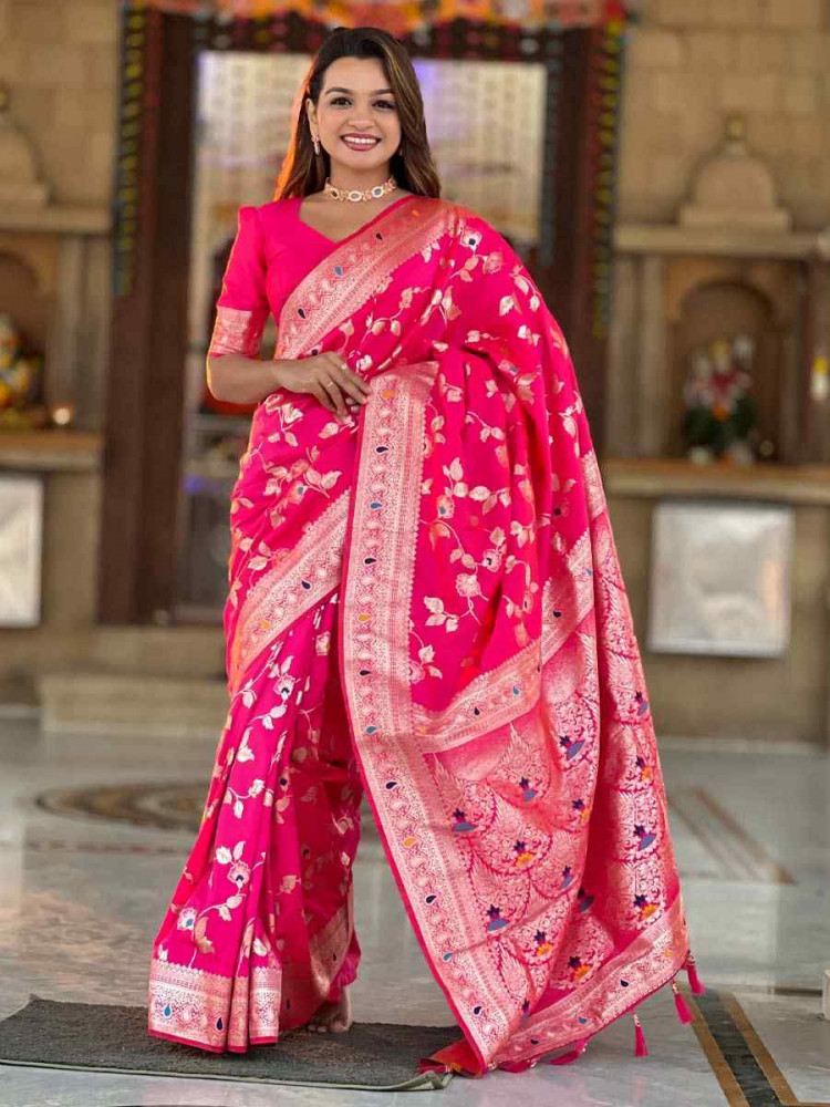 Pink Soft Banarashi Silk Handwoven Festival Wedding Fancy Heavy Border Saree