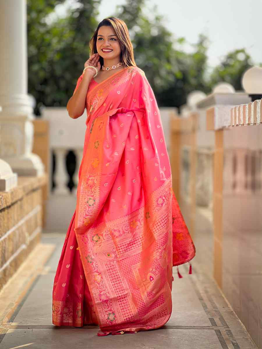 Pink Soft Banarashi Silk Handwoven Festival Wedding Heavy Border Saree