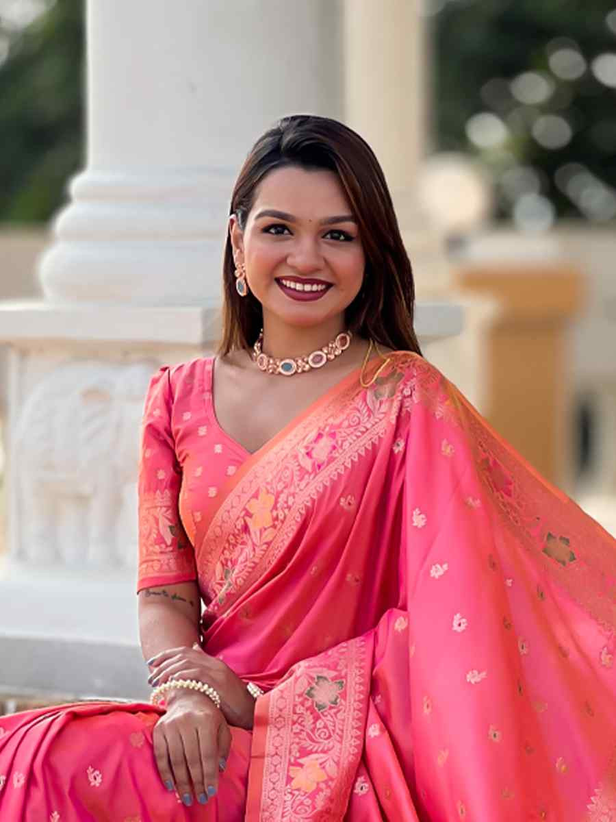 Pink Soft Banarashi Silk Handwoven Festival Wedding Heavy Border Saree