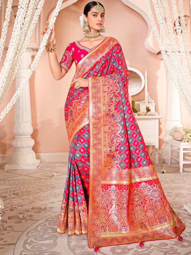 Pink Soft Banarasi Silk Embroidered Wedding Festival Heavy Border Saree