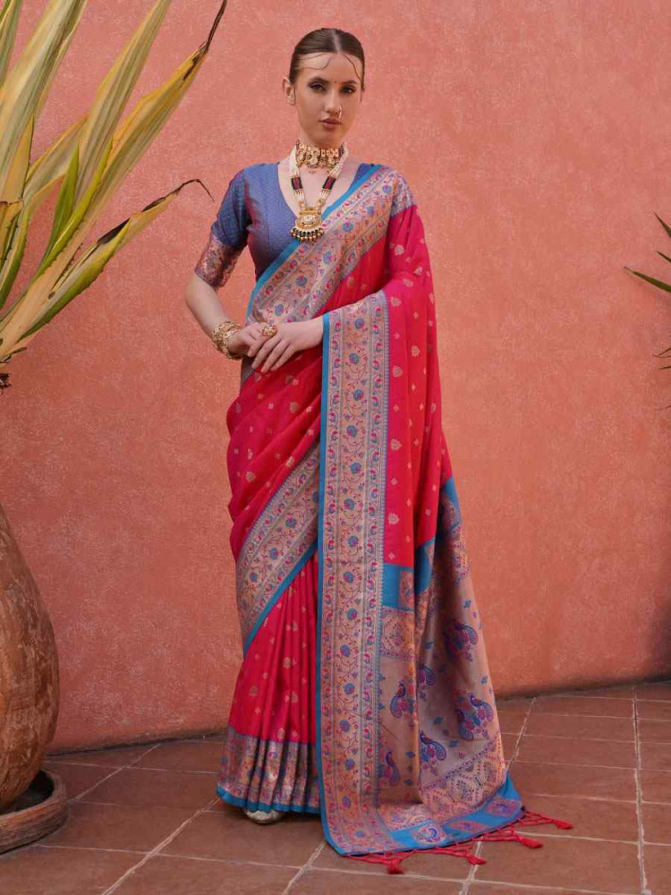 Image of Pink Soft Banarasi Silk Handwoven Casual Reception Festival Wedding Fancy Heavy Border Saree