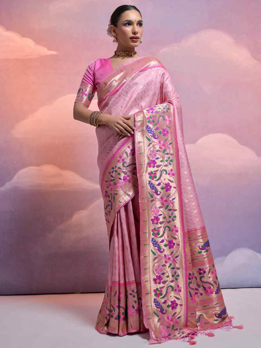 Pink Soft Banarasi Silk Kanjivaram Party Bridal Reception Festival Wedding Fancy Heavy Border Saree