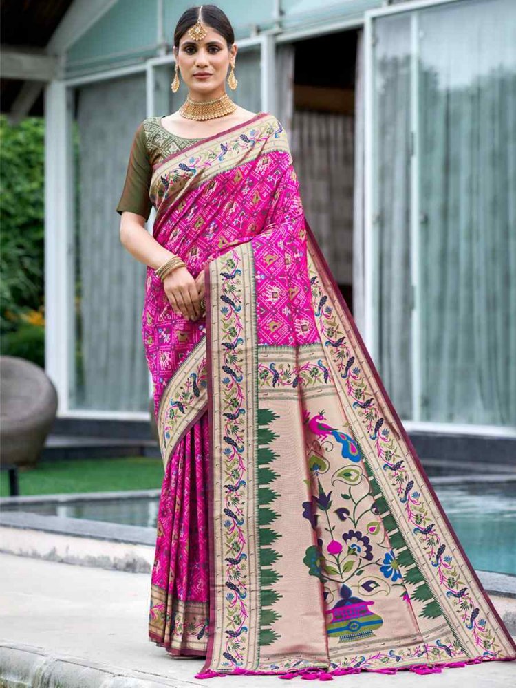 Pink Soft Banarsi Katan Silk Handwoven Wedding Festival Heavy Border Saree
