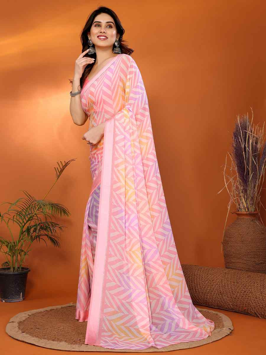 Pink Soft Bright Moss Satin Patta Printed Festival Casual Classic Style Saree