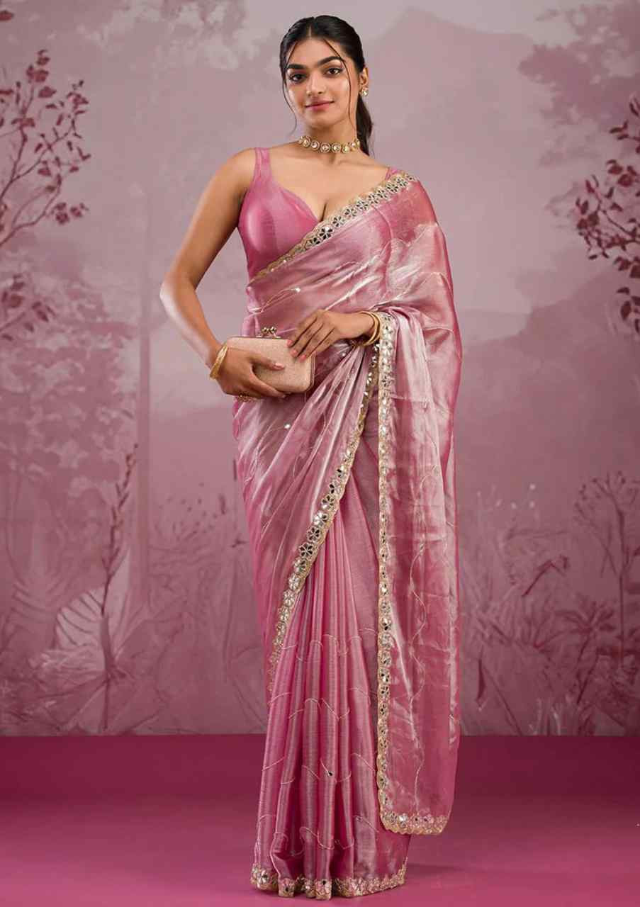 Pink Soft Burberry Silk Embroidered Festival Wedding Fancy Heavy Border Saree