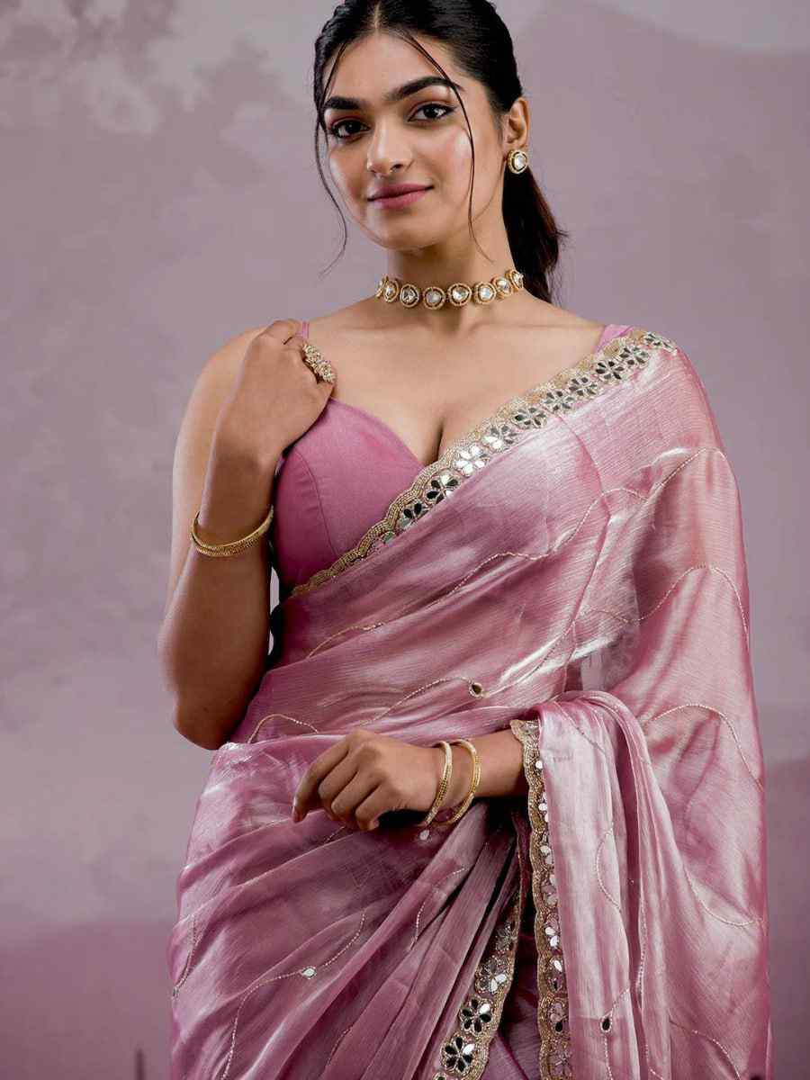 Pink Soft Burberry Silk Embroidered Festival Wedding Fancy Heavy Border Saree