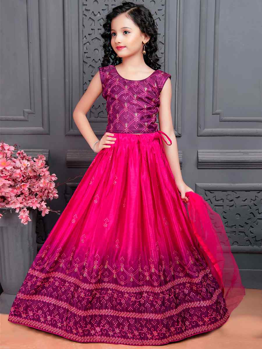 Pink Soft Chinon Silk Embroidered Wedding Festival Lehengas Girls Wear