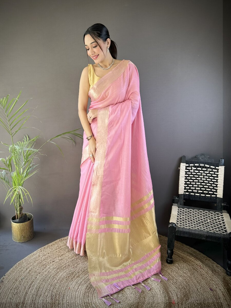 Pink Soft Cotton Zari Wedding Reception Party Festival Heavy Border Sarees