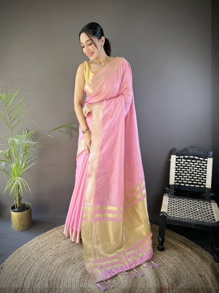 Image of Pink Soft Cotton Zari Wedding Reception Party Festival Heavy Border Sarees