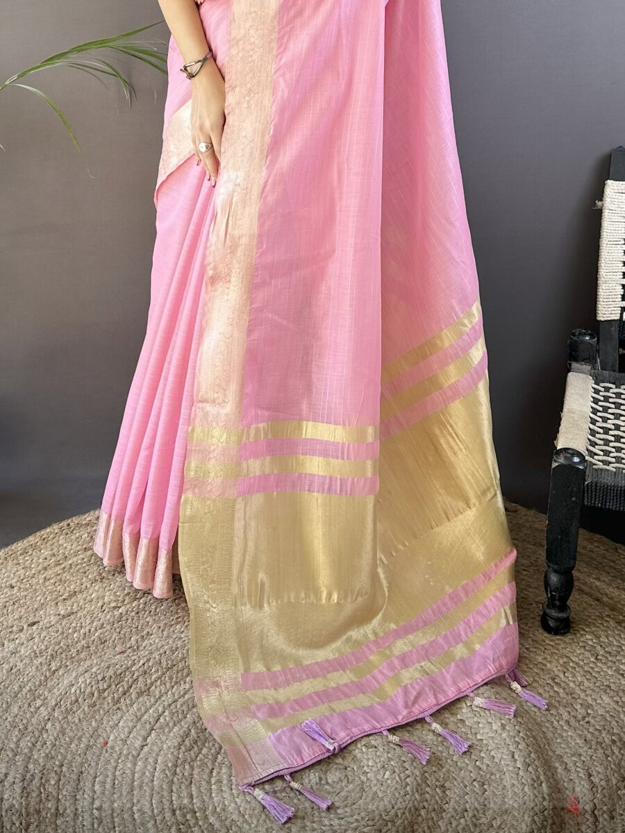 Pink Soft Cotton Zari Wedding Reception Party Festival Heavy Border Sarees