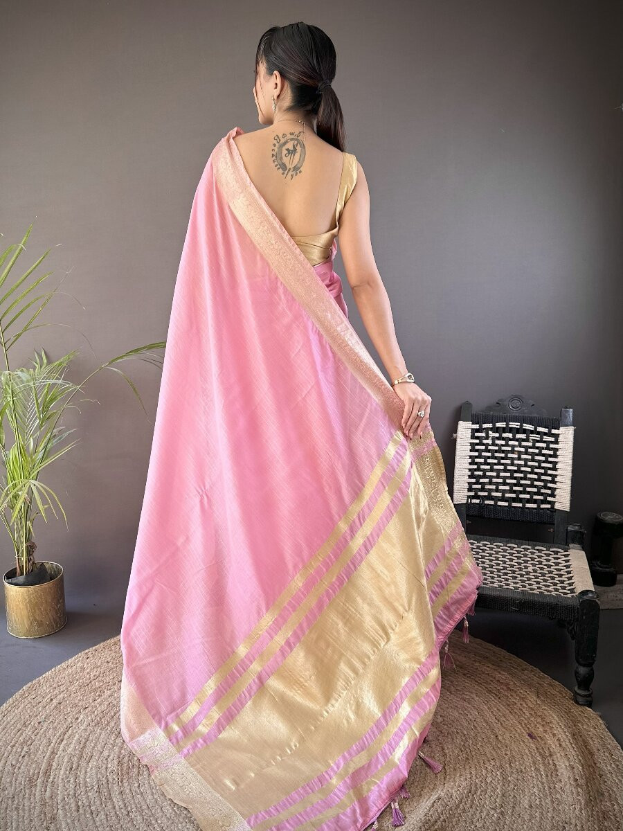 Pink Soft Cotton Zari Wedding Reception Party Festival Heavy Border Sarees