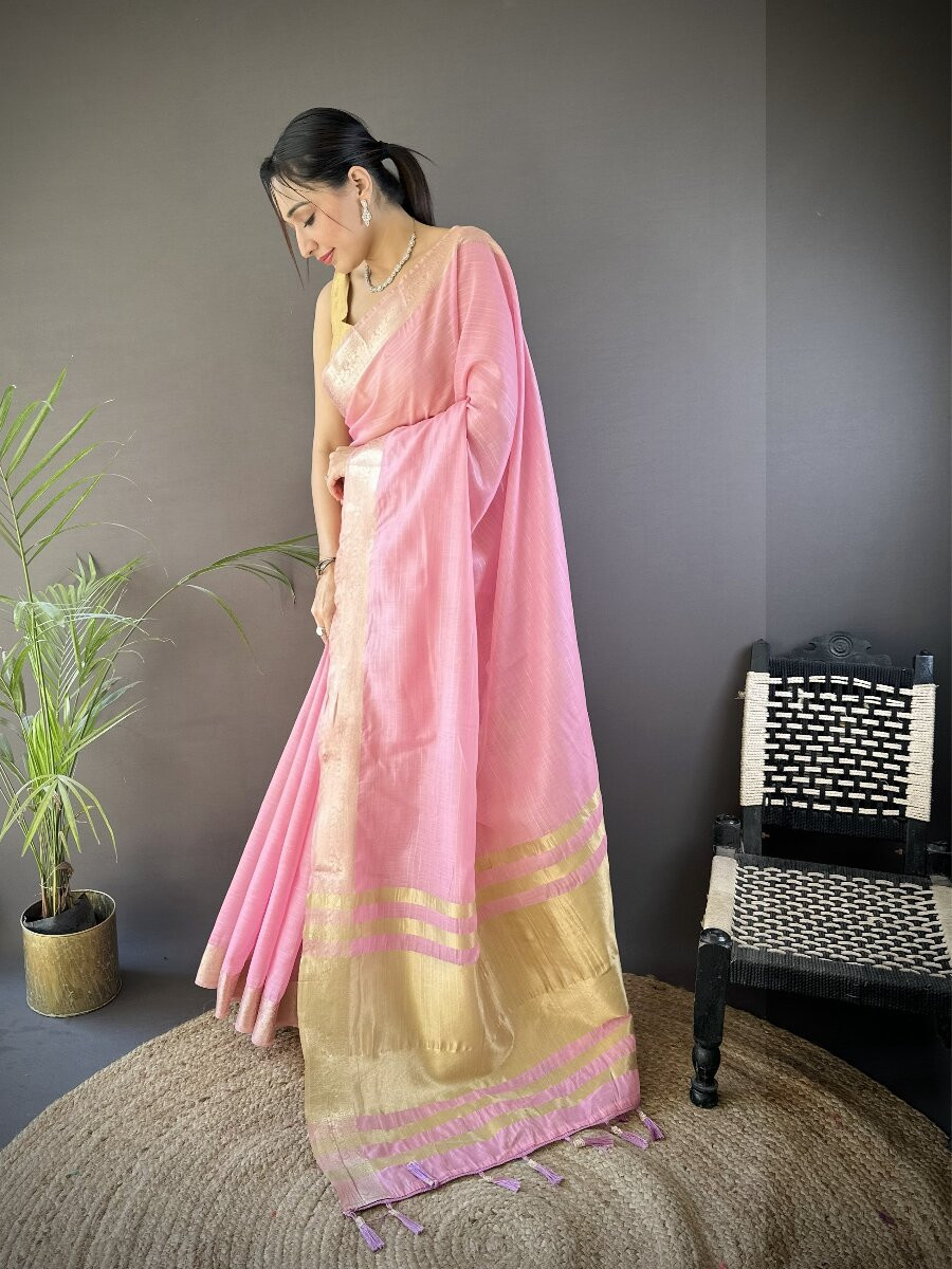 Pink Soft Cotton Zari Wedding Reception Party Festival Heavy Border Sarees