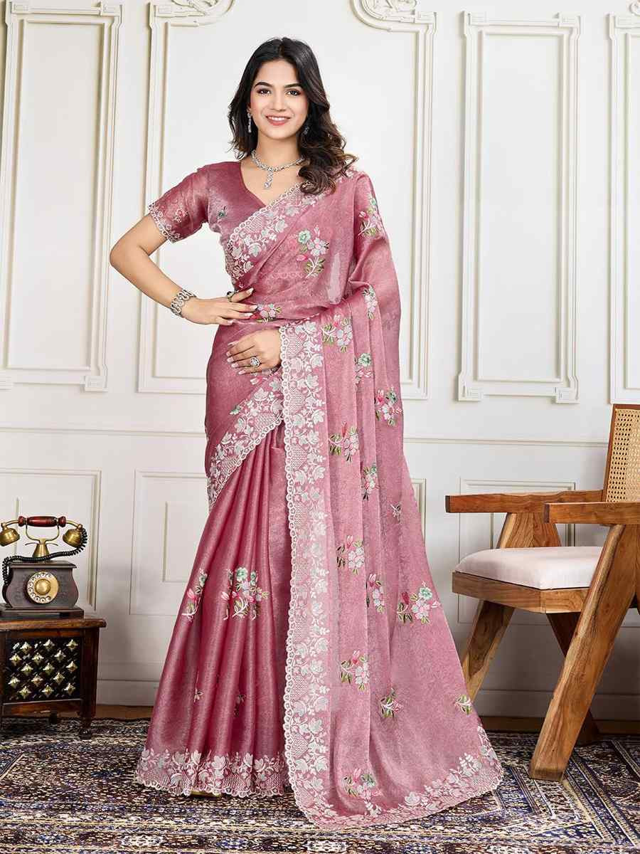 Pink Soft Crunchy silk Embroidered Bridesmaid Reception Heavy Border Saree