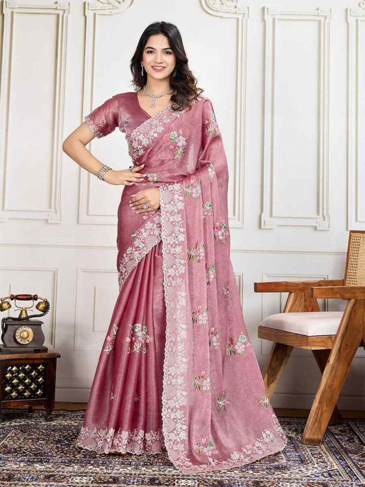 Image of Pink Soft Crunchy silk Embroidered Bridesmaid Reception Heavy Border Saree