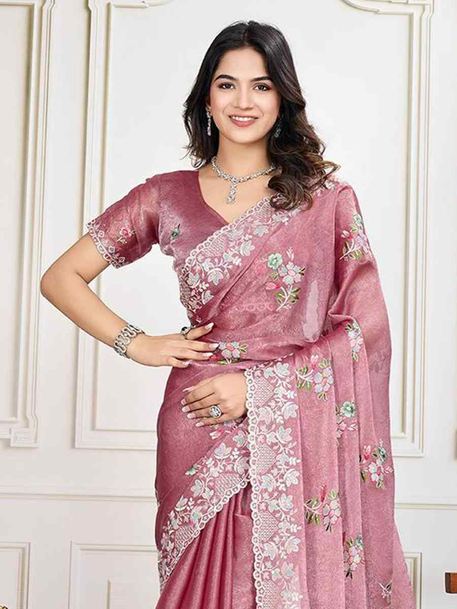 Pink Soft Crunchy silk Embroidered Bridesmaid Reception Heavy Border Saree
