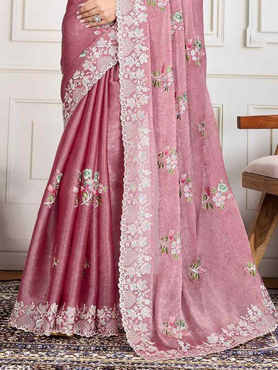 Pink Soft Crunchy silk Embroidered Bridesmaid Reception Heavy Border Saree