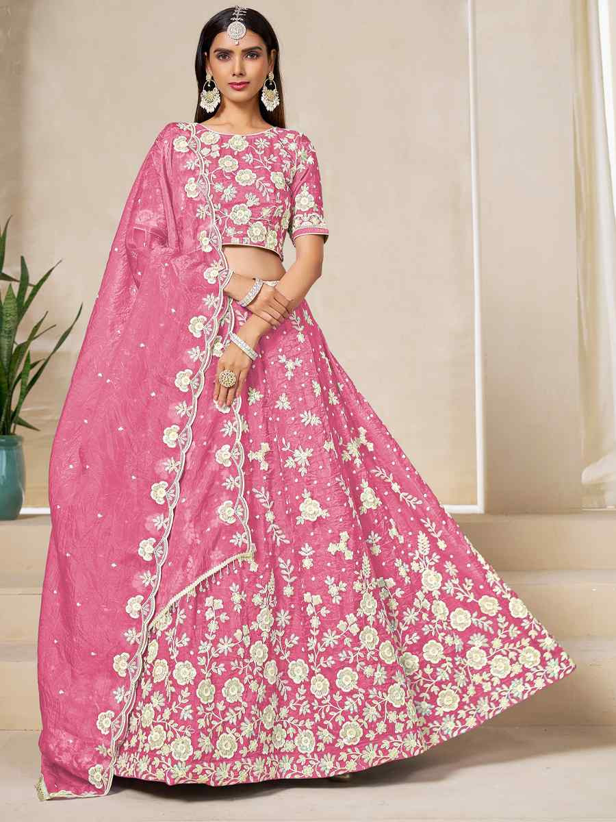 Pink Soft Crush Fill Organza Embroidered Wedding Reception Festival Heavy Border Lehenga Choli