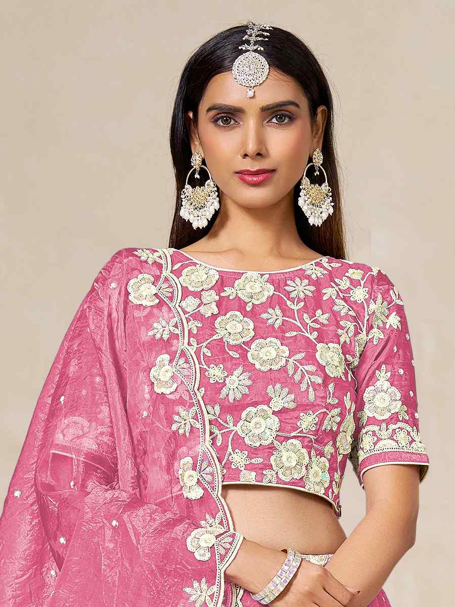 Pink Soft Crush Fill Organza Embroidered Wedding Reception Festival Heavy Border Lehenga Choli