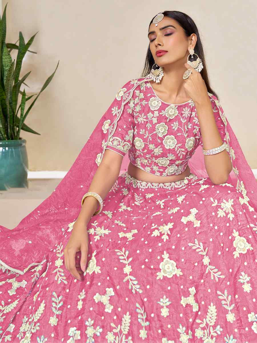 Pink Soft Crush Fill Organza Embroidered Wedding Reception Festival Heavy Border Lehenga Choli
