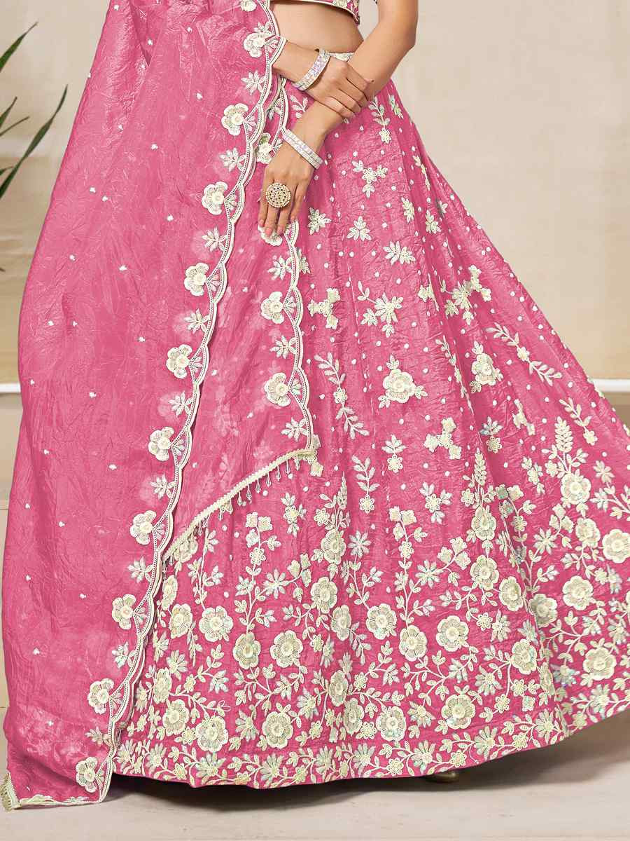 Pink Soft Crush Fill Organza Embroidered Wedding Reception Festival Heavy Border Lehenga Choli